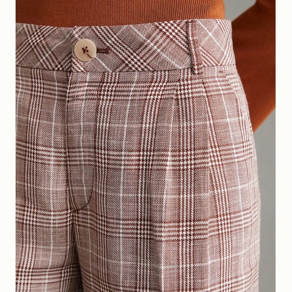 Maeve Pleated Plaid Brown High arise Linen Wide Leg Trousers Pants 0 - Picture 4 of 5